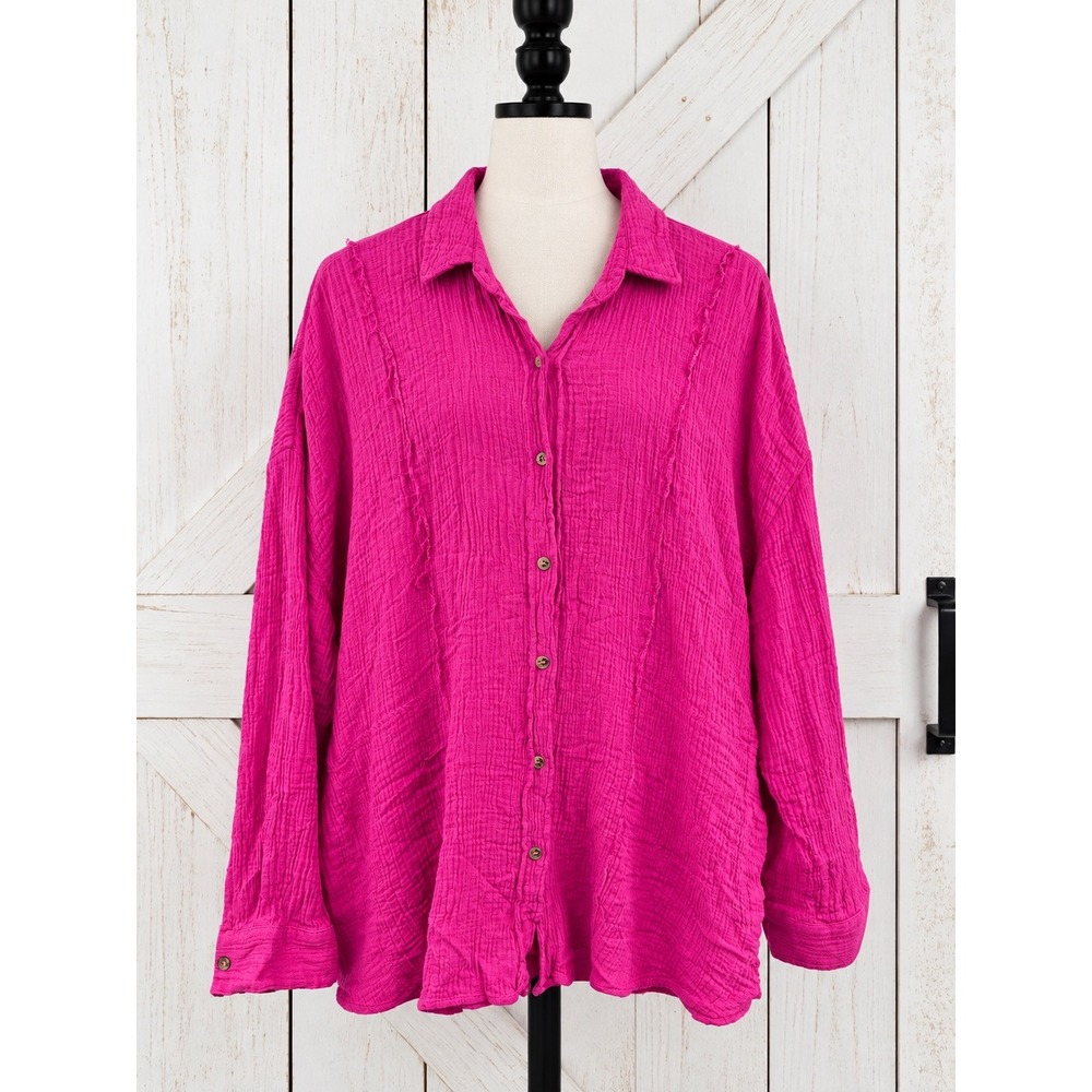 SO Cotton Gauze Button Down Shirt Raw Hem Size XL Pink Long Sleeve